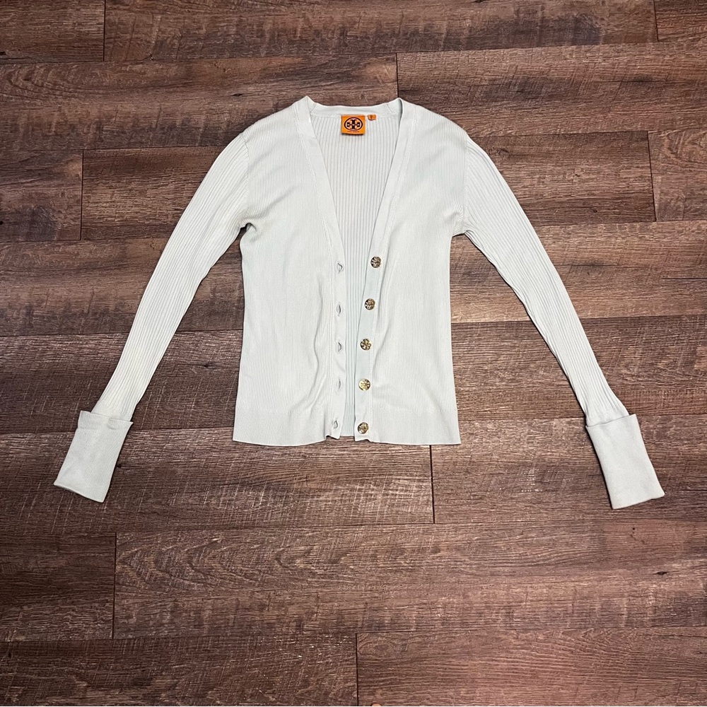 Tory Burch Light Blue Logo Ribbed Cardigan Simone XS